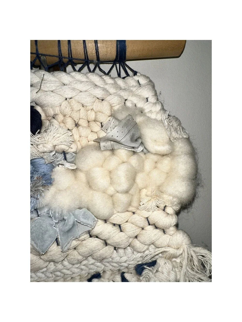 Handmade Roving Wool Velvet Tapestry Wall Hanging Bohemian Boho Ivory Blue 15